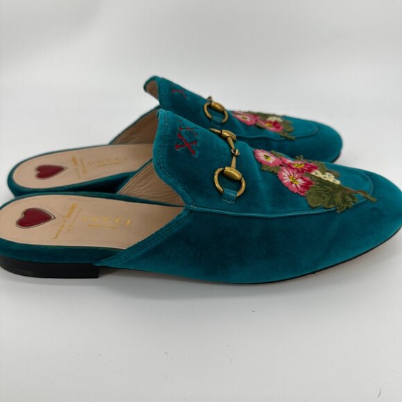 Gucci Velvet Floral Embroidered Princetown Slippers, Size 39.5 - Picture 6 of 10